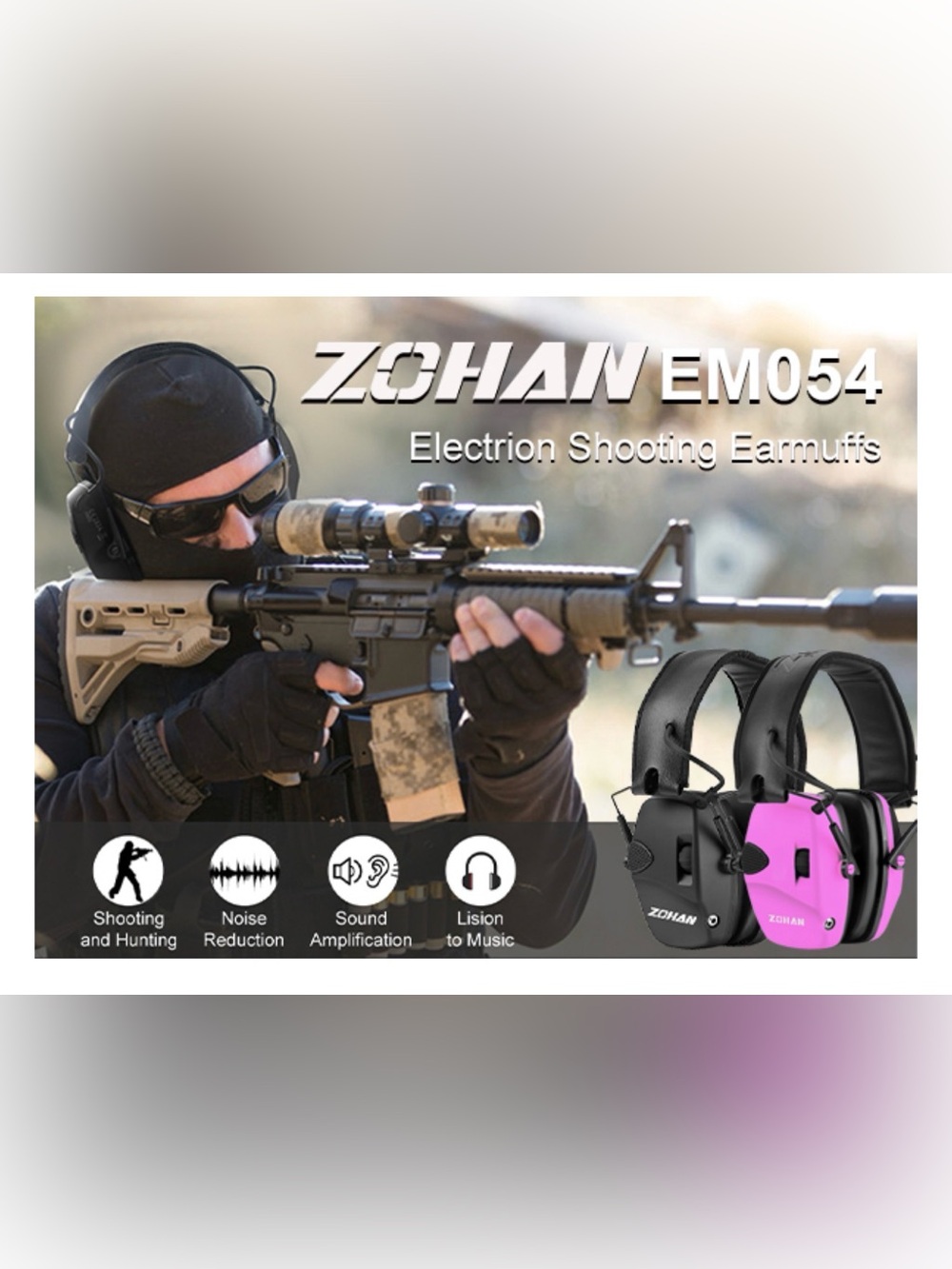 ZOHAN EM054 Electronic Shooting Earmuffs - Black & Pink